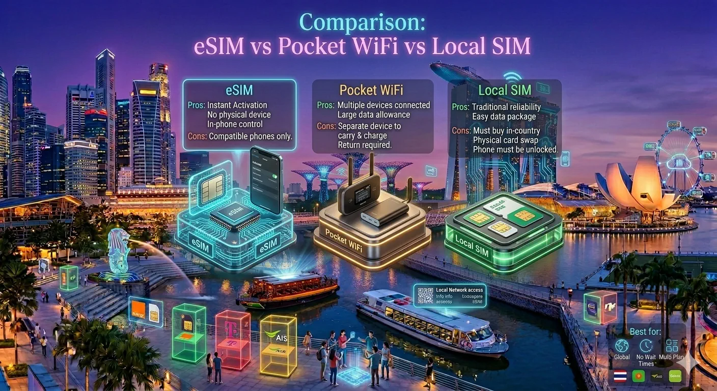 Infographic comparing eSIM, pocket WiFi and local SIM for travel