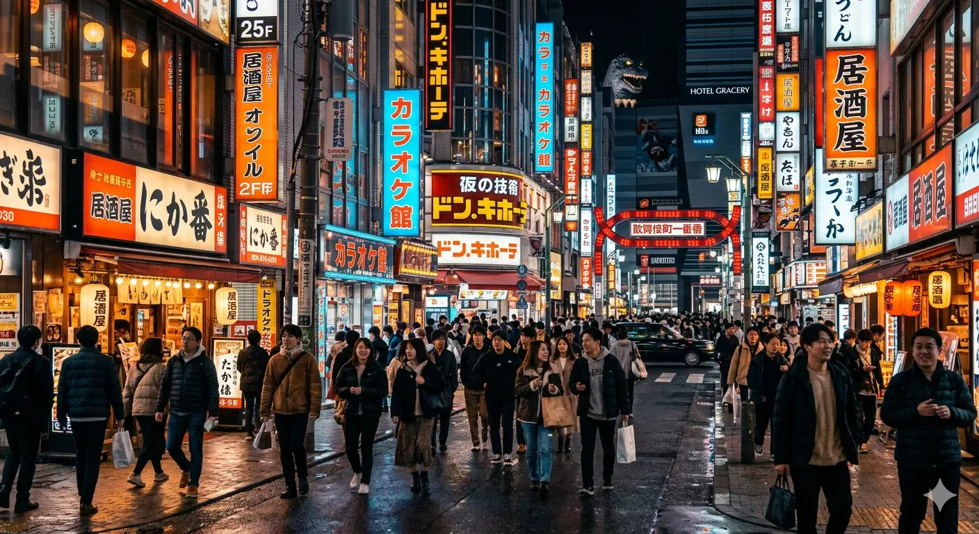 Neon-lit Shinjuku street in Tokyo at night, crowded with people and signage