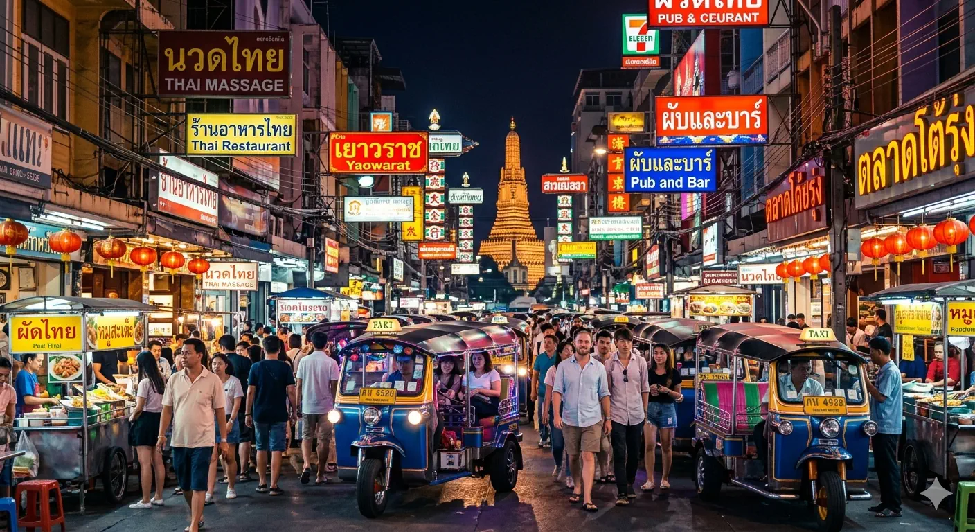 Neon-lit Yaowarat street in Bangkok Chinatown at night with tuk-tuks and street stalls