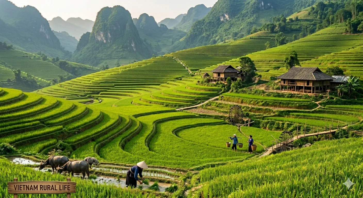 Terraced green rice paddies and karst mountains in northern Vietnam