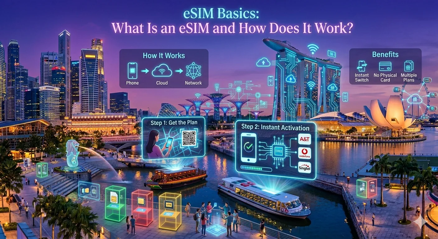 Infographic explaining eSIM basics: how an eSIM works and its benefits