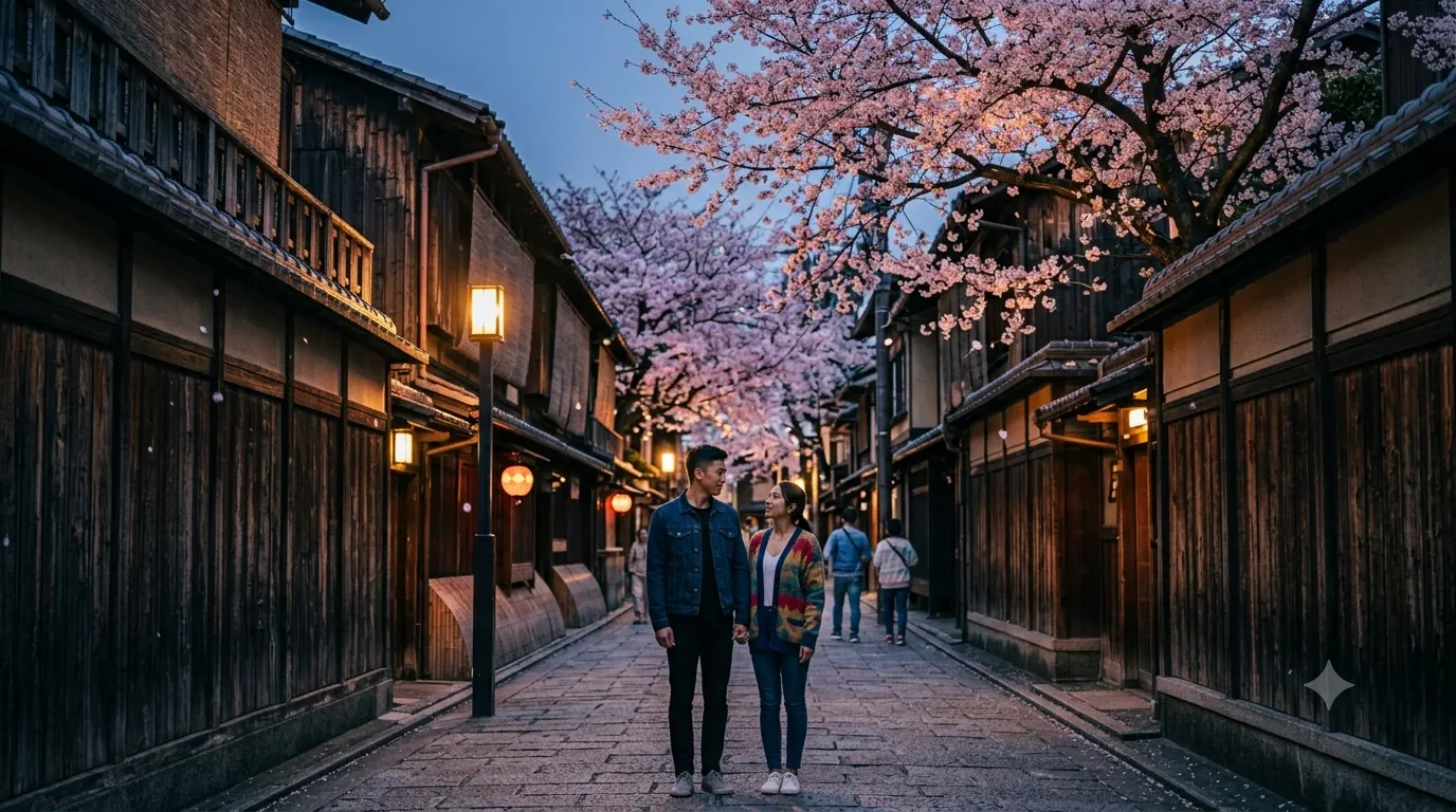 Jim and Nicola posing in front of a scenic Asian landscape on their ten-country trip