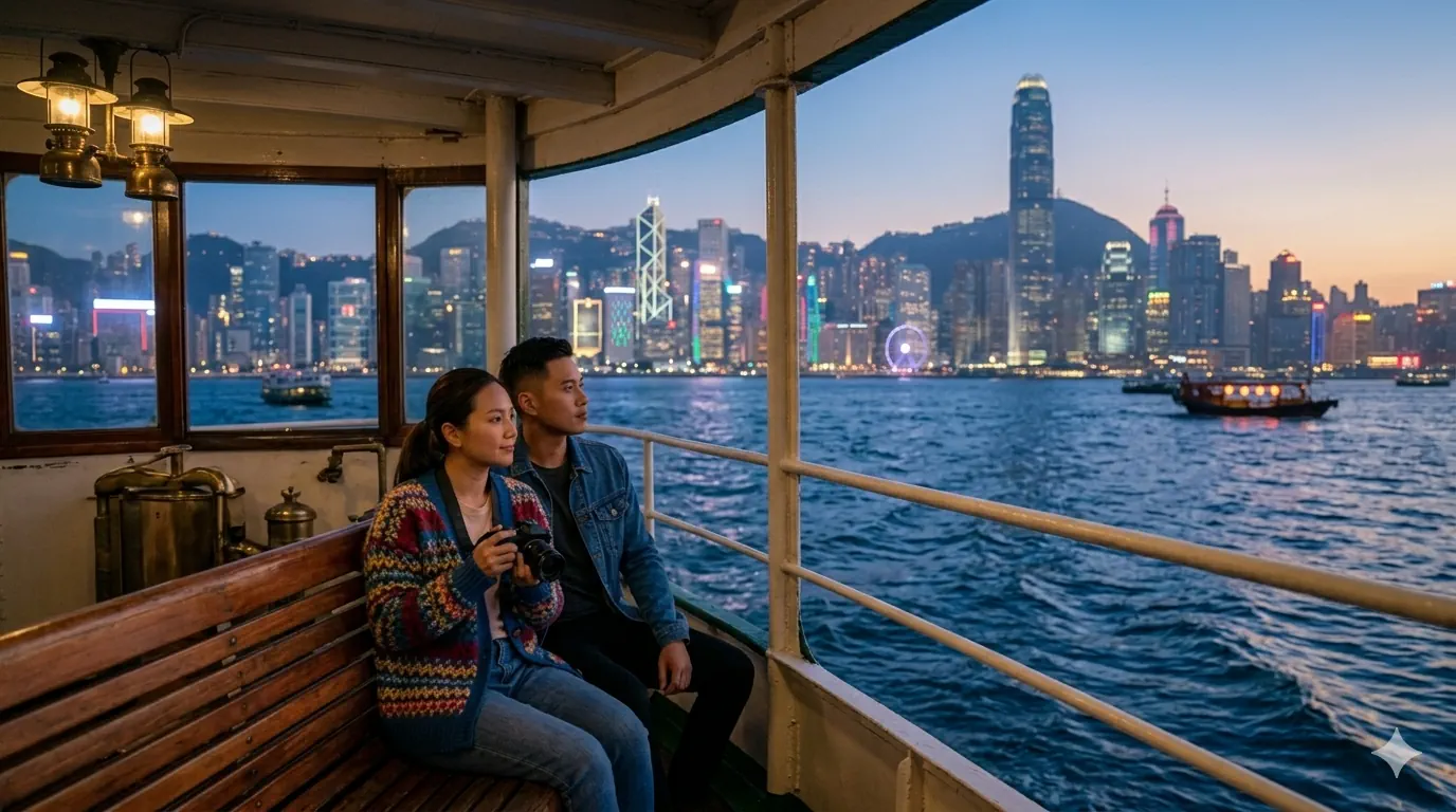 Jim and Nicola on the Star Ferry with the Hong Kong skyline at dusk