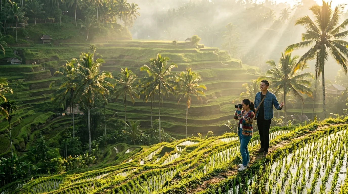 Jim and Nicola walking through the Tegallalang rice terraces in Ubud, Bali