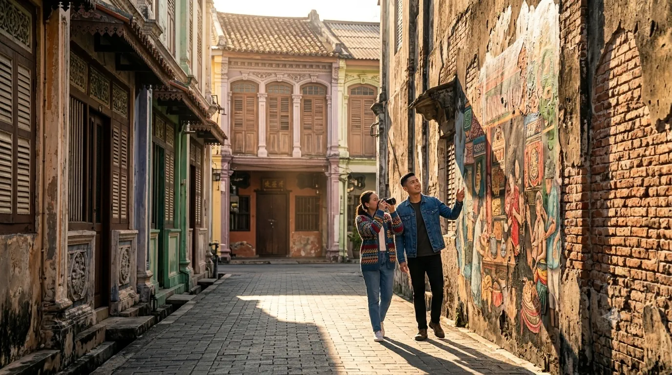 Jim and Nicola on a colourful street art lane in Georgetown, Penang, Malaysia