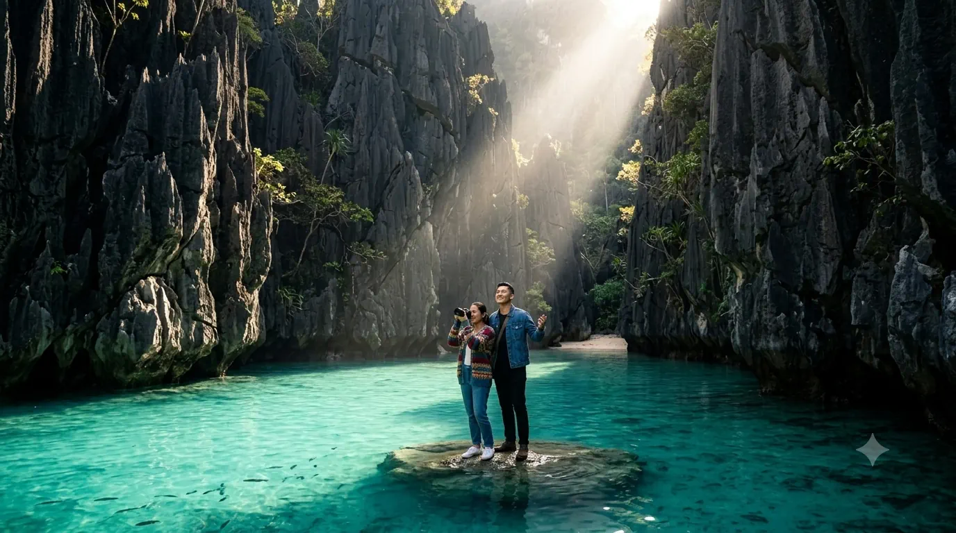 Jim and Nicola on a turquoise lagoon island-hopping tour in El Nido, Philippines
