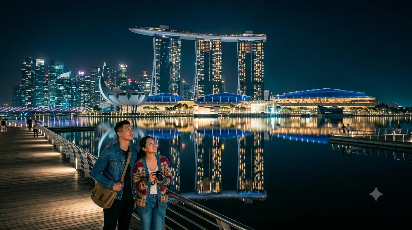 Jim and Nicola at Gardens by the Bay with the Singapore skyline behind them