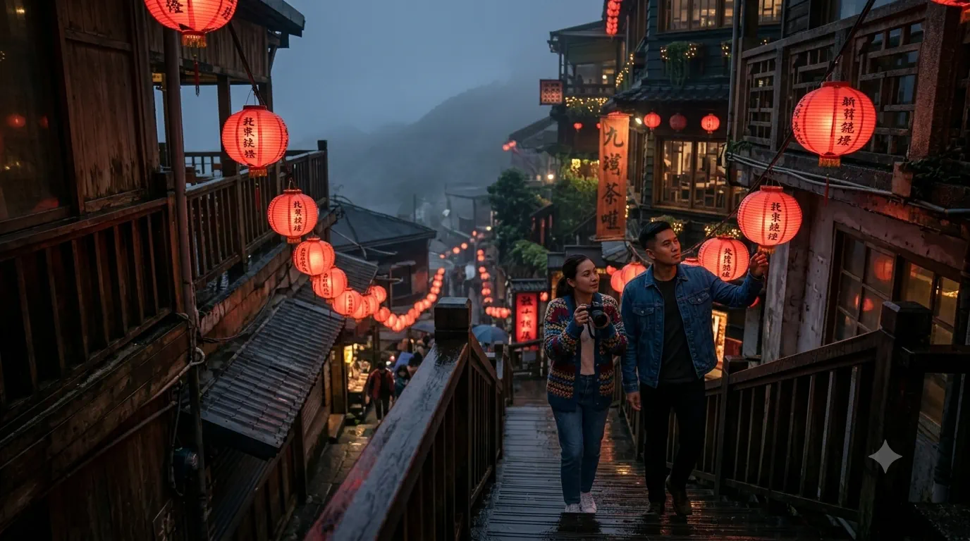 Jim and Nicola at the lantern-lined stairways of Jiufen village, Taiwan