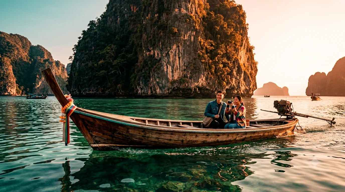 Jim and Nicola on a long-tail boat among limestone islands in Krabi, Thailand
