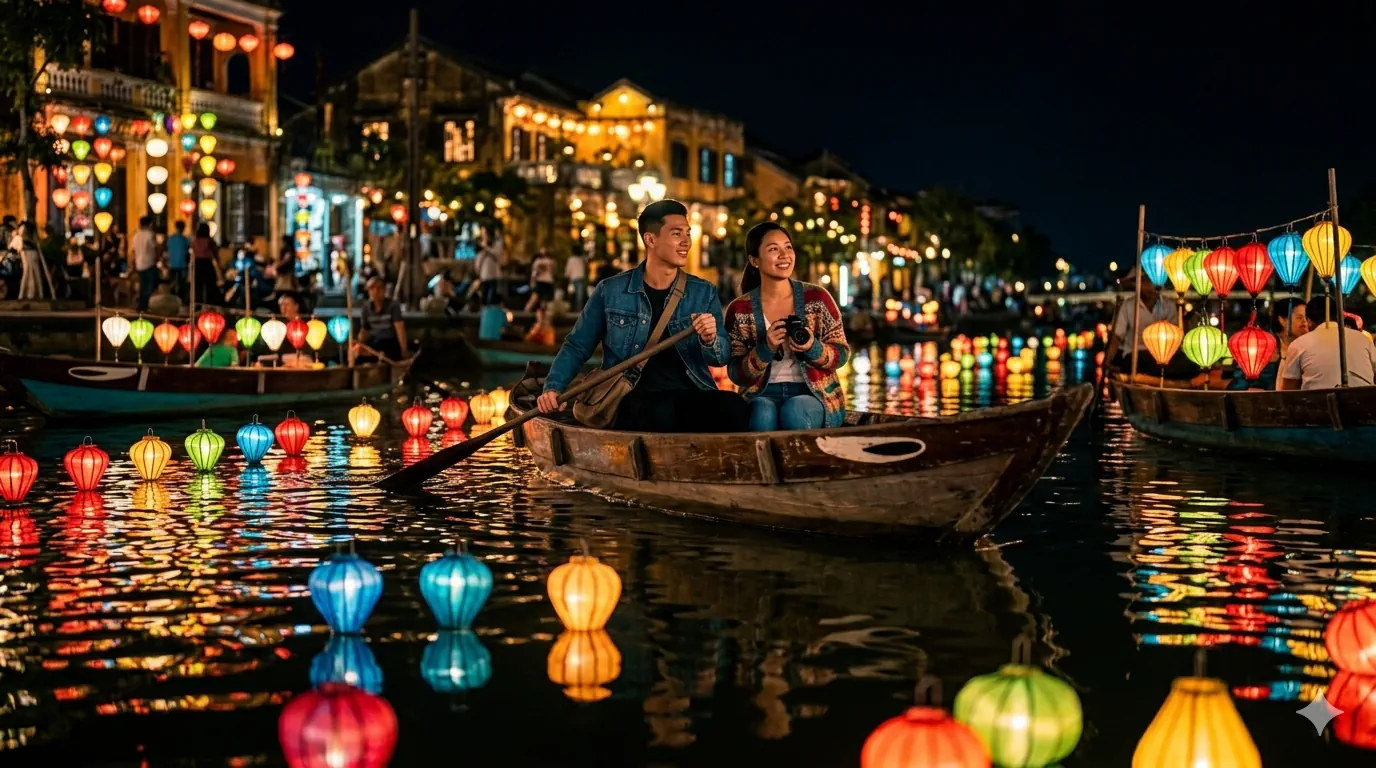 Jim and Nicola among the lanterns of Hoi An's riverfront, Vietnam