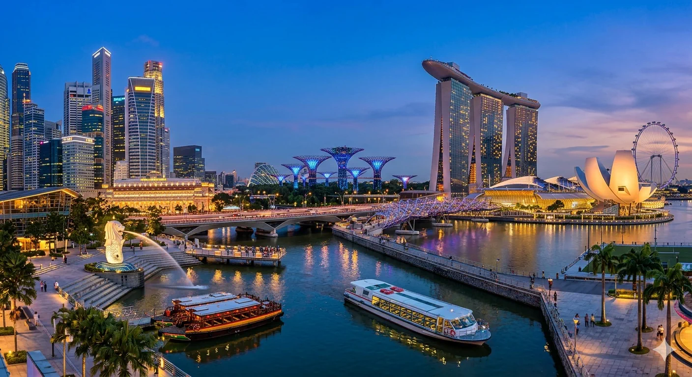 Singapore Marina Bay skyline at dusk with Marina Bay Sands and the city waterfront